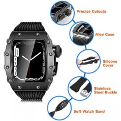 Metal Case For Apple Watch 8 7 45mm 6 Series 44mm Band With Cover Heavy Duty Rugged Case Glass Screen Protector Silicon Strap For IWatch 45mm 5 4 SE 44mm Men's Full Protective Cover (Black) -Watch Store 191117909376 2