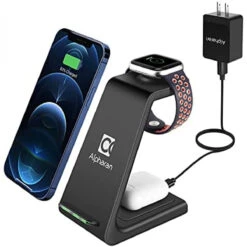 Wireless Charger,3 In 1 Wireless Charging Station,Qi Fast Charging Stand Dock For Apple Watch Series,AirPods,iPhone 13 12 Pro IPhone 11 Pro Max X XR XS 8 Plus With QC 3.0 Adapter By Alpharan (Black)