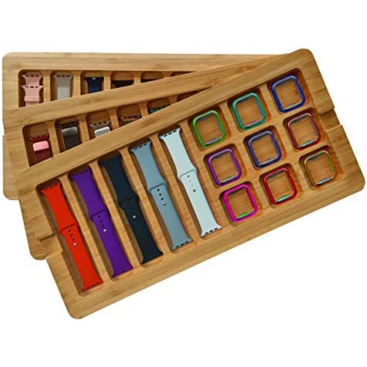 Stackable Bamboo Storage Tray For Apple Watch Bands (Stores 5+ Bands, Stores 9+ Covers, Wood, Includes Cover) 3 Stackable Bamboo Storage Tray For Apple Watch Bands (Stores 5+ Bands, Stores 9+ Covers, Wood, Includes Cover)