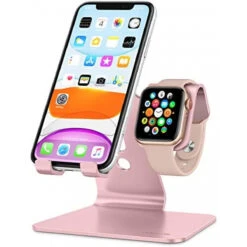 Apple Watch Stand, OMOTON 2 In 1 Universal Desktop Stand Holder For IPhone And Apple Watch Series 7/6/5/4/3/2/1 And Apple Watch SE (Both 38mm/40mm/42mm/44mm) (Rose Gold)