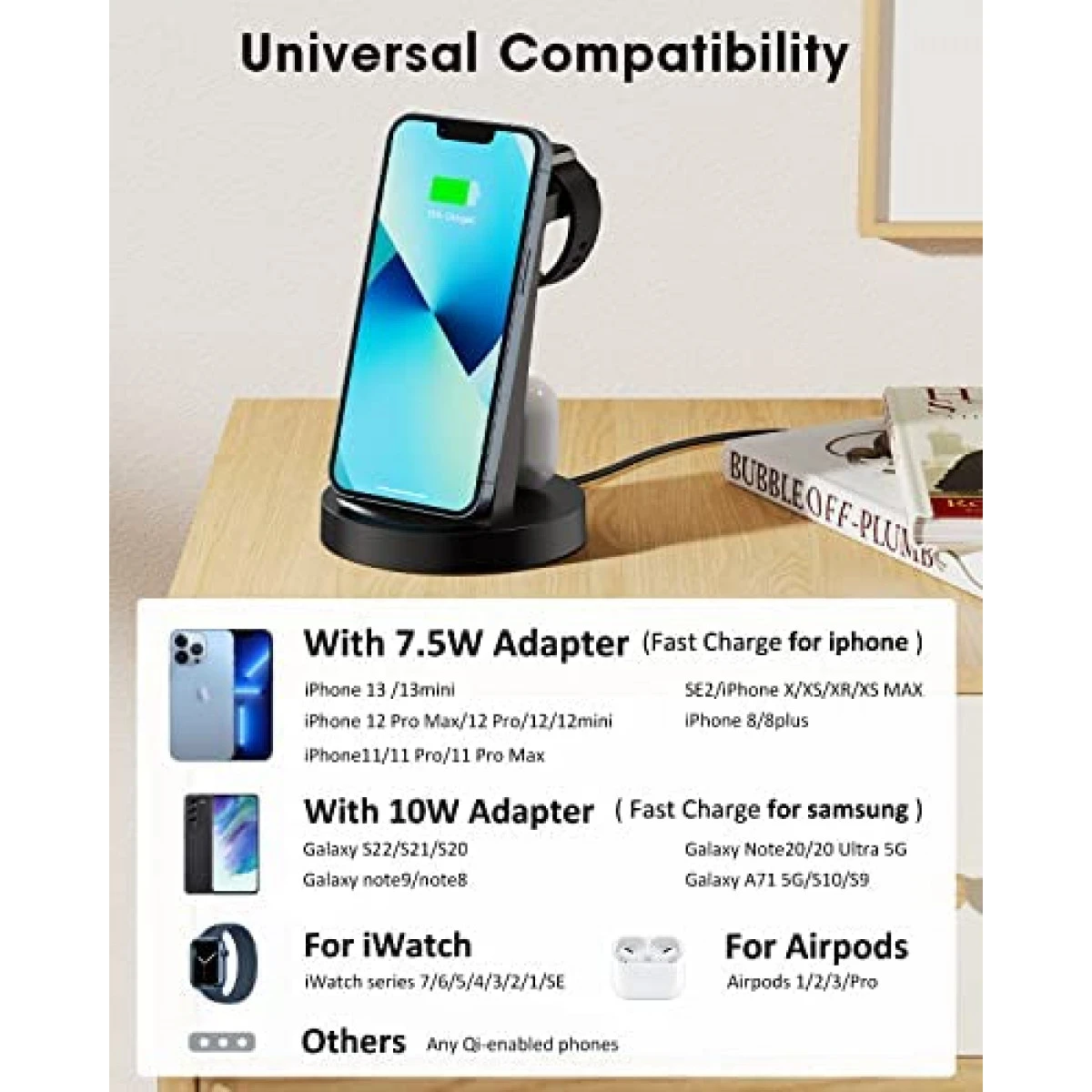 GENERIC Wireless Charging Station, 3 In 1 Wireless Charger Compatible With IPhone 13 Pro/13/12/11/Pro/SE/XS/XR/X/8 Plus/8, Fast Wireless Charging Stand Dock For Apple Watch Series & Airpods(with Adapter) 4 GENERIC Wireless Charging Station, 3 In 1 Wireless Charger Compatible With IPhone 13 Pro/13/12/11/Pro/SE/XS/XR/X/8 Plus/8, Fast Wireless Charging Stand Dock For Apple Watch Series & Airpods(with Adapter) - Image 2