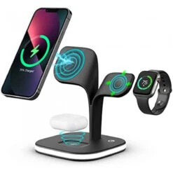 Magnetic Wireless Charging Station, EXW 3 In 1 Qi 15W Fast Mag-Safe Charger Stand For IPhone 13,12 Pro Max/Pro/Mini, Apple Watch 7/6/SE/5/4/3/2 And Airpods 3/2/Pro With LED Lamp And USB Port (Black)…