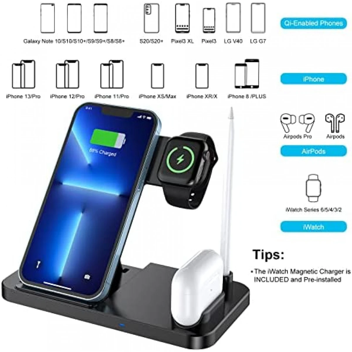 Wireless Charger, CANUVU 4 In 1 Foldable Fast Charging Station Compatible Apple Watch & AirPods & Apple Pencil, IPhone 13/12/11(Pro & Pro Max)/X/XS/XS, Qi-Enabled Android Phone(with QC3.0 Adapter) 4 Wireless Charger, CANUVU 4 In 1 Foldable Fast Charging Station Compatible Apple Watch & AirPods & Apple Pencil, IPhone 13/12/11(Pro & Pro Max)/X/XS/XS, Qi-Enabled Android Phone(with QC3.0 Adapter) - Image 2