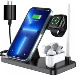 Wireless Charger, CANUVU 4 In 1 Foldable Fast Charging Station Compatible Apple Watch & AirPods & Apple Pencil, IPhone 13/12/11(Pro & Pro Max)/X/XS/XS, Qi-Enabled Android Phone(with QC3.0 Adapter)