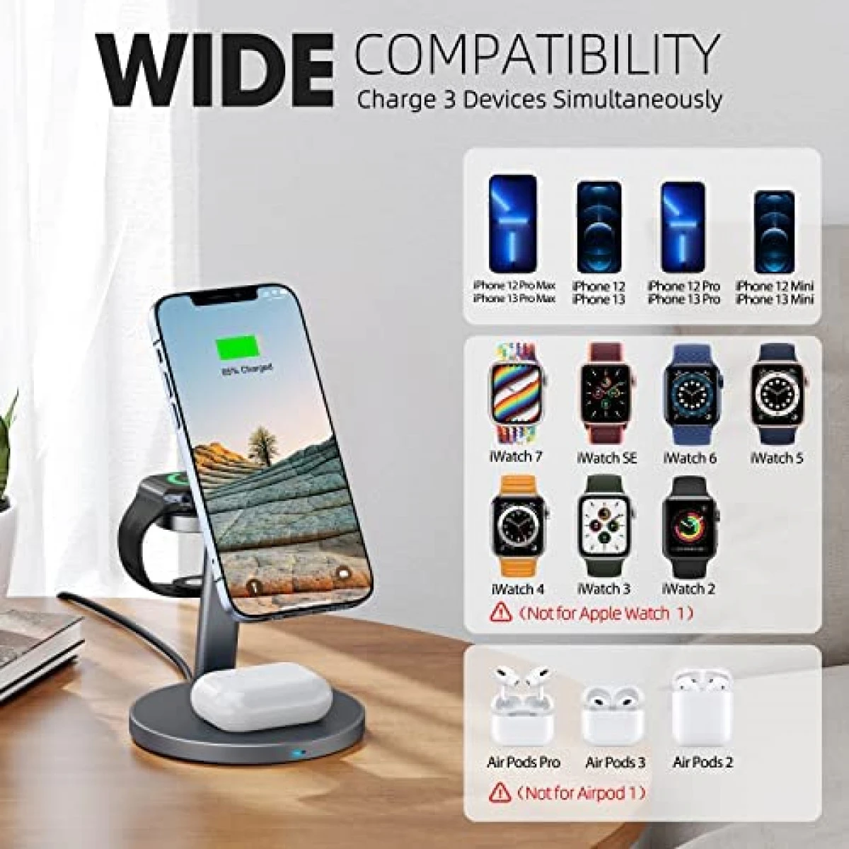 3 In 1 Magnetic Wireless Charging Station, 2022 Upgraded Aluminum Alloy Fast Charging For Mag-Safe Charger Stand Compatible With Apple Watch, AirPods 3/Pro/2 And IPhone 13, 12, Pro, Pro Max, Mini 4 3 In 1 Magnetic Wireless Charging Station, 2022 Upgraded Aluminum Alloy Fast Charging For Mag-Safe Charger Stand Compatible With Apple Watch, AirPods 3/Pro/2 And IPhone 13, 12, Pro, Pro Max, Mini - Image 2