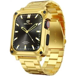 GELISHI Compatible With Apple Watch Band Series 7 45mm, Men Rugged Protective Case 45mm Stainless Steel Metal Band Replacement Strap, Gold