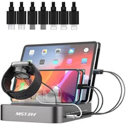 Charging Station For Multiple Devices,MSTJRY 5 Port USB Charger With I Watch Charger Holder,7 Cables Included, Compatible With Apple IPhone IPad Cell Phone Tablet And Other Electronics Gunmetal