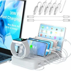 Charging Station For Multiple Devices Apple, 70W 7 Port USB C Charging Station With 30W PD Charger Port, Phone And Watch Charger Stand, 7 Mixed Cables, Compatible With Apple Products IPhone IPad,White