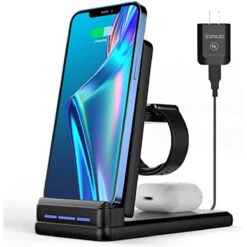 Charging Station For Multiple Devices Apple, DNTGVUP Foldable 3 In 1 Wireless Charger For IPhone 13 Pro/13/12/12 Pro/11/XS/XR/X/8, Charger Stand Compatible With Apple AirPods Watch S2-S7/SE Black