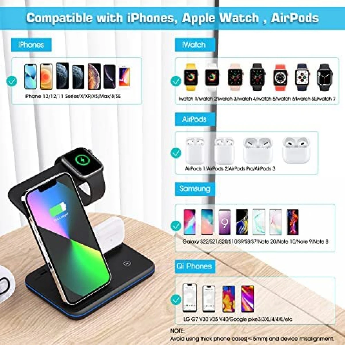 Wireless Charger, 3-in-1 Wireless Charging Station For Apple Watch Series7/6/ SE /5/4/3/2/1, AirPods Pro/3/2/1 /, IPhone 13/12/11 Pro MAX Series/XR/XS MAX/XS/X/8/8P, (Without Watch Charging Line) 4 Wireless Charger, 3-in-1 Wireless Charging Station For Apple Watch Series7/6/ SE /5/4/3/2/1, AirPods Pro/3/2/1 /, IPhone 13/12/11 Pro MAX Series/XR/XS MAX/XS/X/8/8P, (Without Watch Charging Line) - Image 2