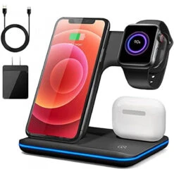 Wireless Charger, 3 In 1 Fast Charging Station For Apple Watch Series SE 6~2,AirPods,iPhone 13 12 11 Pro/X/Xr/Xs/8 Plus,Qi-Certified Phones(with QC3.0 Adapter)