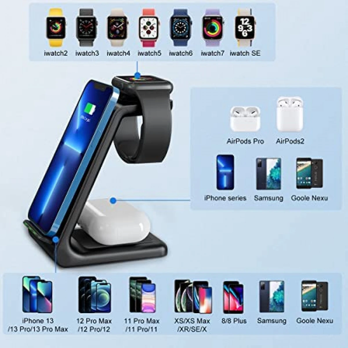 Wireless Charging Stand, GEEKERA 3 In 1 Wireless Charger Dock Station For Apple Watch 7 6 SE 5 4 3 2, Airpods 2/Pro, IPhone 13Pro Max/13 Pro/13/12/12PRO/11/11 Pro/X/Xr, Qi-Certified Phones 4 Wireless Charging Stand, GEEKERA 3 In 1 Wireless Charger Dock Station For Apple Watch 7 6 SE 5 4 3 2, Airpods 2/Pro, IPhone 13Pro Max/13 Pro/13/12/12PRO/11/11 Pro/X/Xr, Qi-Certified Phones - Image 2