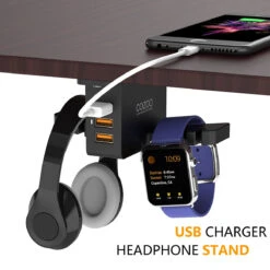 Headphone Stand With USB Charger COZOO Under Desk Headset Holder Mount With 3 Port USB Charging Station And Apple Watch Stand Smart Watch Charging Dock Dual Earphone Hanger Hook For All Headphones