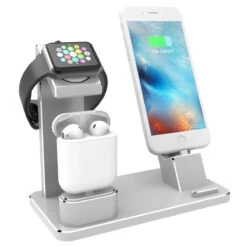 XUNMEJ Watch Stand For Apple IPhone Charging Dock Aluminum 4 In 1 AirPods Charging Stand Accessories Station Holder For Apple Watch Series 2/1 AirPods IPhone 7 7plus 6s 6plus IPad Mini (Silver)