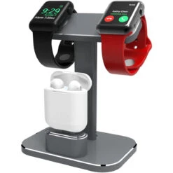 DHOUEA Compatible 2 In 1 Watch Stand Replacement For Apple Watch IWatch Charging Dock Station Stand Holder Aluminum Airpods Stand For Apple Watch Series 4 3 2 1 (38mm Or 42mm) Airpods (Gray)