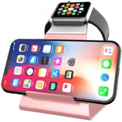 XUNMEJ IWatch Stand Holder, Aluminum NightStand Apple Watch And IPhone Universal Desktop Charging Station For IWatch Series 5 4 3 2 1 IPhone 11/11Pro/11Max/Xs/Xs Max/XR/X/8/8P/7/7Plus(Rose Gold)