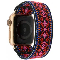 Tefeca Red Embroidery Ethnic Pattern Elastic Compatible/Replacement Band For Apple Watch 38mm/40mm (Gold Adapter, L Fits Wrist Size : 7.0-7.5 Inch)