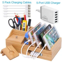 Bamboo Charging Station For Multiple Devices With 5 Port USB Charger, 5 Charger Cables And Apple Watch Stand. Wood Desktop Docking Stations Organizer For Cell Phone, Tablet, Watch, Office Accessories