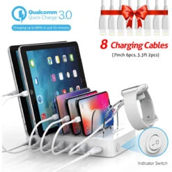 Soopii Quick Charge 60W/12A 6-Port USB Charging Station For Multiple Devices, 8pcs Charging Cables Compatible With Apple Devices, I Watch Charger Holder,for Phones, Tablets,and Other Electronics