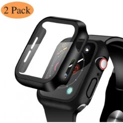 [2 Pack] Compatible For Apple Watch 44mm Series 5 Series 4 Tempered Glass Screen Protector With Black Bumper Case, YMHML Full Coverage Easy Installation Bubble-Free Cover For IWatch Accessories