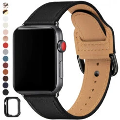 POWER PRIMACY Bands Compatible With Apple Watch Band 38mm 40mm 42mm 44mm, Top Grain Leather Smart Watch Strap Compatible For Men Women IWatch Series 5 4 3 2 1 (Black/Black, 42mm/44mm)