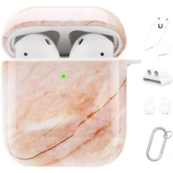 Maxjoy AirPods Case Cover, Cute AirPod Case Hard Protective Cover With Keychain/Strap/Earhooks/Watch Band Holder Compatible With Apple AirPods Charging Case 2and1 For Girls Women Men, Pink Marble