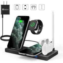 WAITIEE Updated Version,Wireless Charger 5 In 1,Qi Wireless Charging Station For Apple Watch Series 5/4/3/2/1and AirPods3/2/1 And Pencil And IPhone 11/11 Pro Max/XR/XS Max/Xs/X/8/8P(Black)