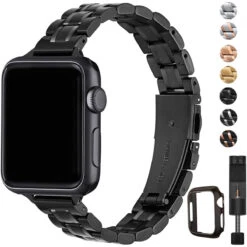 STIROLL Thin Replacement Band Compatible For Apple Watch 38mm 40mm 42mm 44mm, Stainless Steel Metal Wristband Women Men For IWatch 5/4/3/2/1 (Black, 38mm/40mm)
