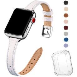STIROLL Slim Leather Bands Compatible With Apple Watch Band 38mm 40mm 42mm 44mm, Top Grain Leather Watch Thin Wristband For IWatch Series 5/4/3/2/1 (White With Silver, 38mm/40mm)